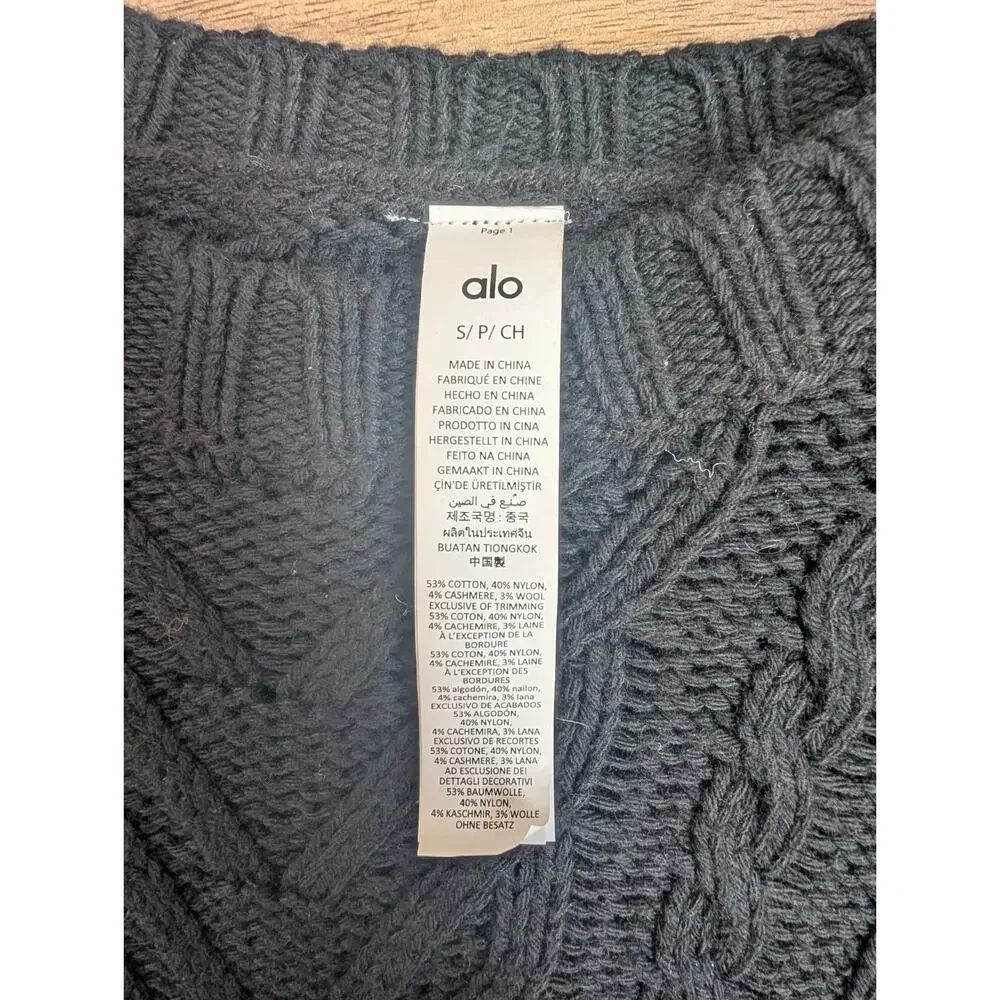 Alo Yoga Cable Knit Sweater Women's S Black Wool Blend Long Sleeve Crew Neck NWT